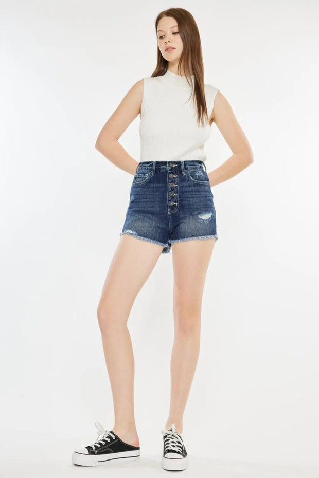 Kancan Raw Hem Button Fly Denim Shorts - Fashionmj