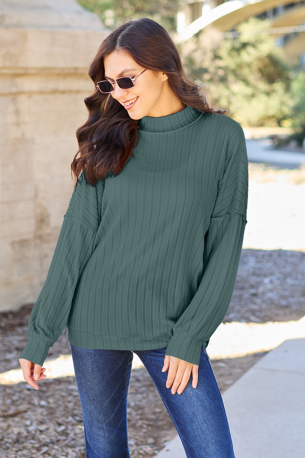 Basic Bae Full Size Ribbed Exposed Seam Mock Neck Knit Top - Fashionmj