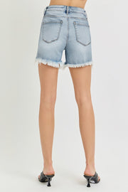 RISEN High Rise Side Step Hem Denim Shorts - Fashionmj