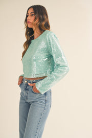 MABLE Shoulder Padded Sequin Crop Top - Fashionmj