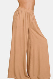 Zenana Pleated Linen Blend Wide Leg Pants - Fashionmj