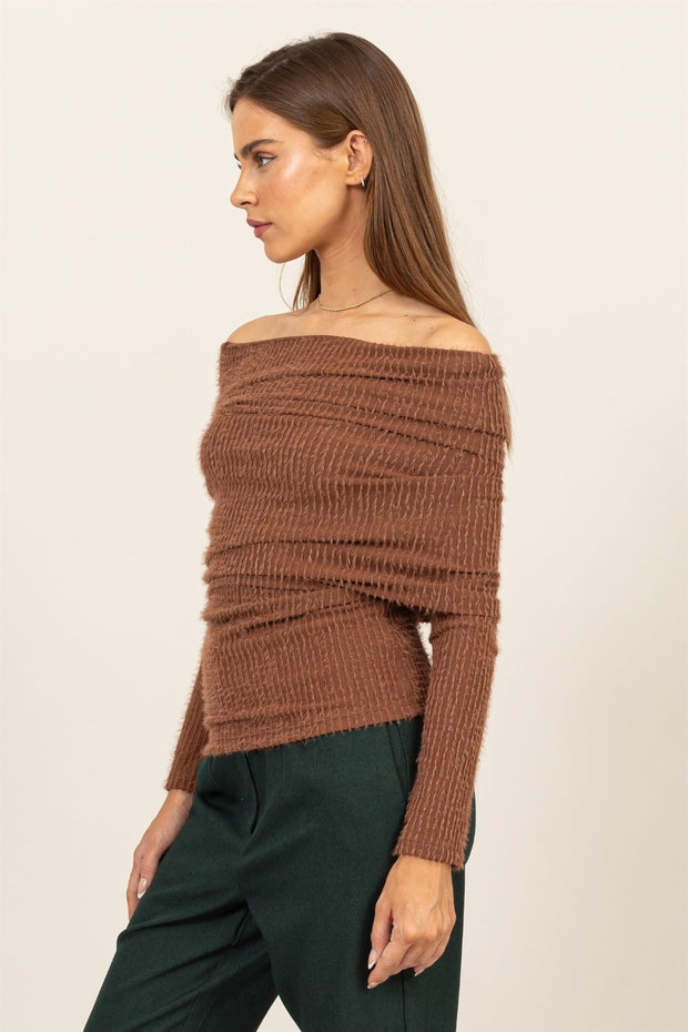 HYFVE Fuzzy Off Shoulder Textured Knit Top - Fashionmj