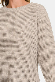 Zenana High Low Long Sleeve Waffle Sweater - Fashionmj