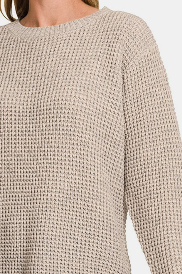 Zenana High Low Long Sleeve Waffle Sweater - Fashionmj