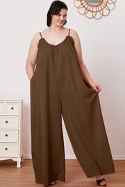 Double Take Full Size Ruffle Trim Tie Back Cami Jumpsuit with Pockets Trendsi