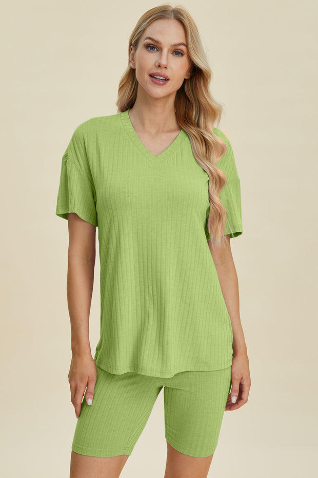 Basic Bae Full Size Ribbed V-Neck Short Sleeve Top and Shorts Set - Fashionmj