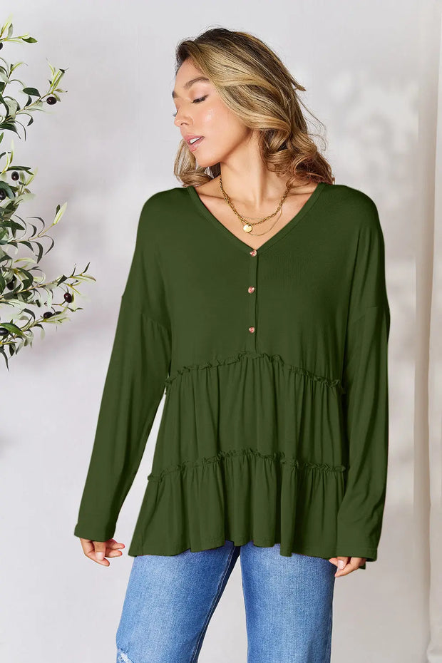 Double Take Half Button Long Sleeve Ruffle Hem Blouse - Fashionmj