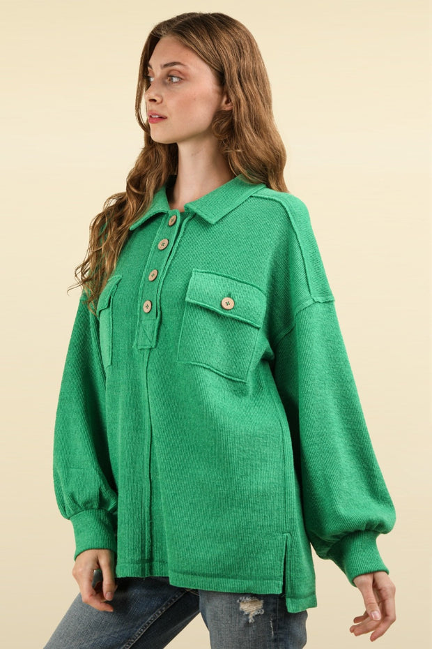 VERY J Collared Half Button Knit Top with Pockets - Fashionmj