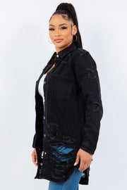 American Bazi Distressed Button Up Long Sleeve Denim Jacket - Fashionmj