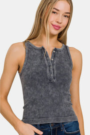 Zenana Washed Ribbed Half Snap Seamless Tank - Fashionmj