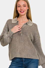 Zenana Washed Half Button Long Sleeve Sweater - Fashionmj