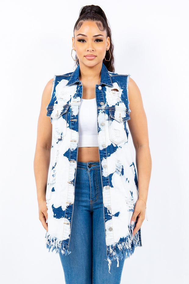 American Bazi Distressed Frayed Edge Longline Denim Vest - Fashionmj