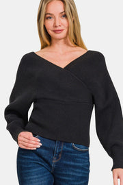 Zenana Cross Wrap Rib Long Sleeve Sweater - Fashionmj