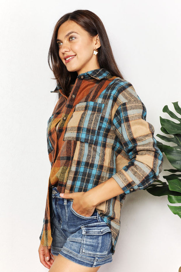 Double Take Plaid Curved Hem Shirt Jacket with Breast Pockets - Fashionmj