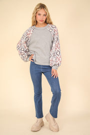 VERY J Printed Long Sleeve Round Neck Knit Top - Fashionmj