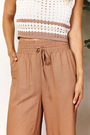 Double Take Drawstring Smocked Waist Wide Leg Pants - Fashionmj