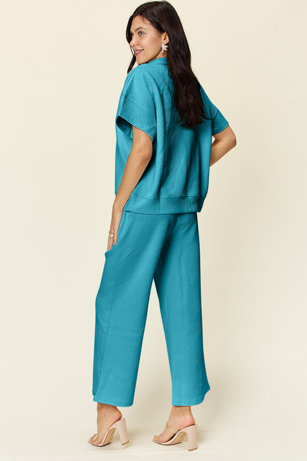 Double Take Full Size Texture Half Zip Short Sleeve Top and Pants Set - Fashionmj