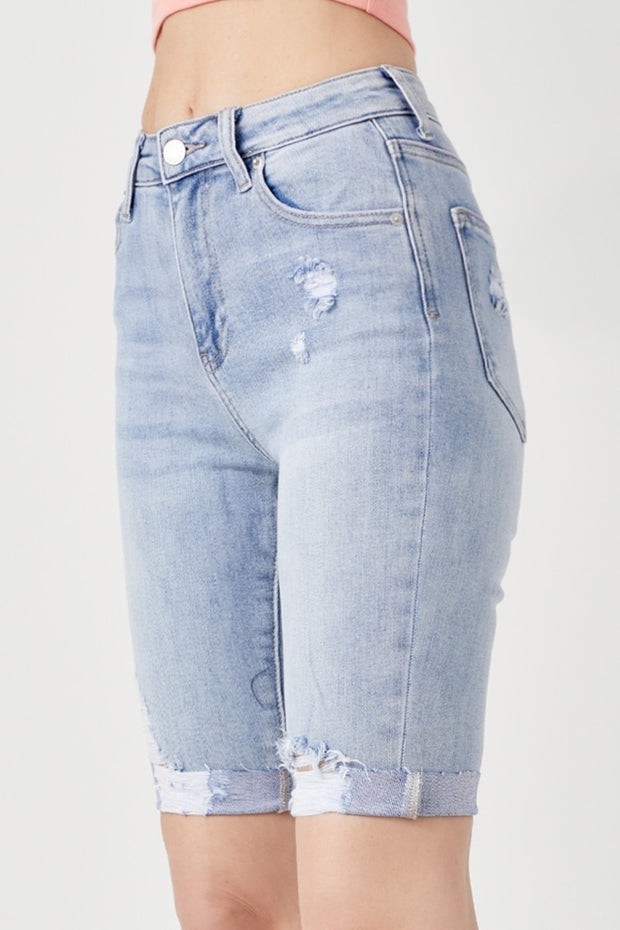 RISEN High Rise Distressed Denim Bermuda Shorts - Fashionmj