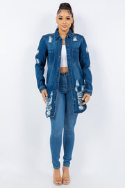 American Bazi Distressed Button Up Long Sleeve Denim Jacket - Fashionmj