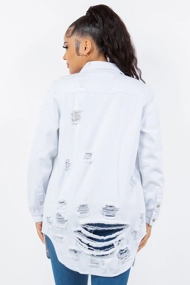 American Bazi Distressed Button Up Long Sleeve Denim Jacket - Fashionmj