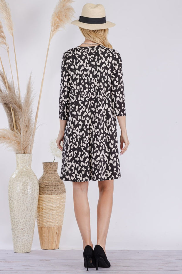 Celeste Full Size Leopard Three-Quarter Sleeve Dress with Pockets - Fashionmj