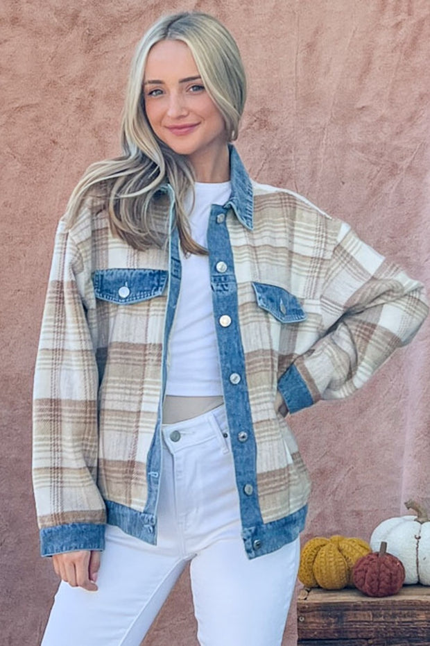 And The Why Full Size Washed Denim Detail Brushed Plaid Jacket - Fashionmj