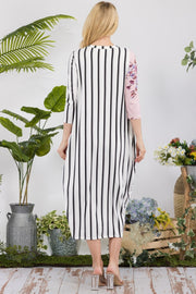 Celeste Full Size Floral Striped Contrast Midi-Dress with Pockets - Fashionmj