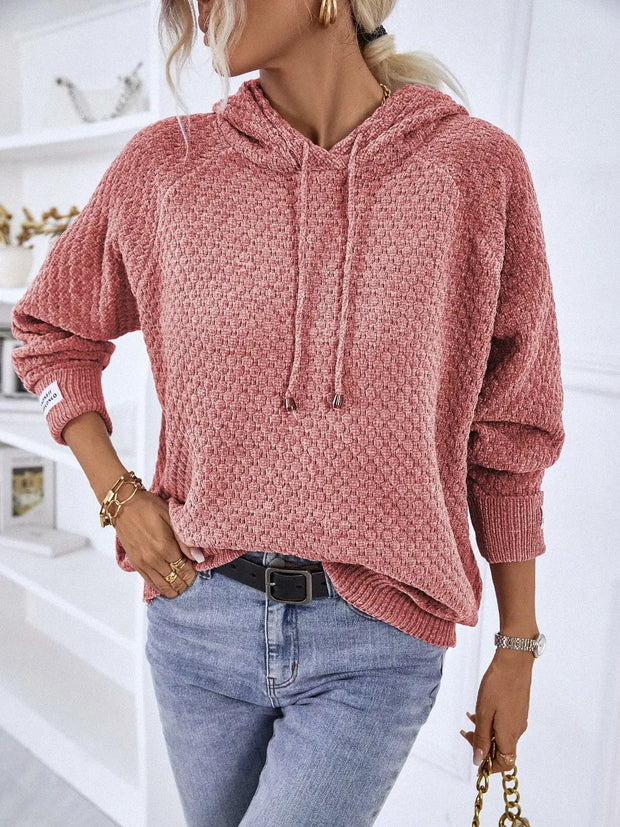 Texture Drawstring Long Sleeve Hooded Sweater - Fashionmj