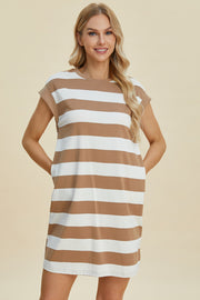 Basic Bae Full Size Striped Round Neck Cap Sleeve Mini Dress - Fashionmj