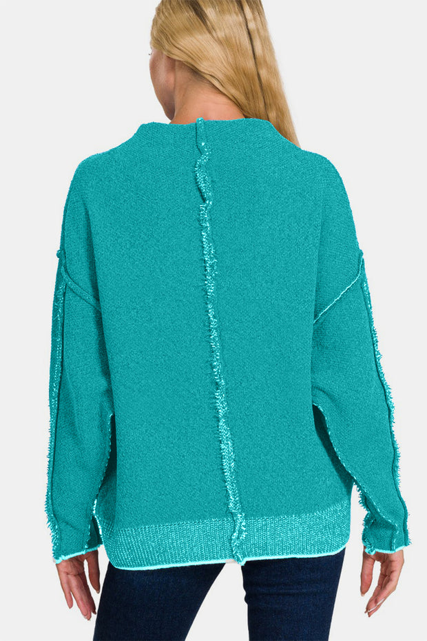 Zenana Exposed Seam Mock Neck Long Sleeve Sweater - Fashionmj