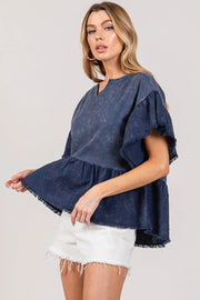 SAGE + FIG Ruffle Sleeve Washed Short Sleeve Blouse - Fashionmj