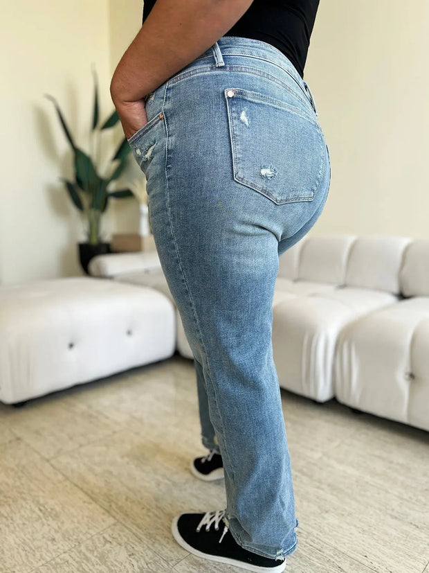 Judy Blue Full Size High Waist Distressed Straight Jeans - Fashionmj