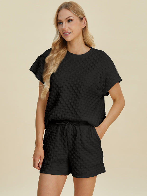 Double Take Full Size Texture T-Shirt and Shorts Set - Fashionmj