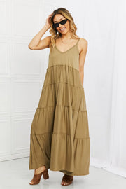 Zenana Full Size Spaghetti Strap Tiered Dress with Pockets in Khaki - Fashionmj