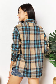 Double Take Plaid Curved Hem Shirt Jacket with Breast Pockets - Fashionmj