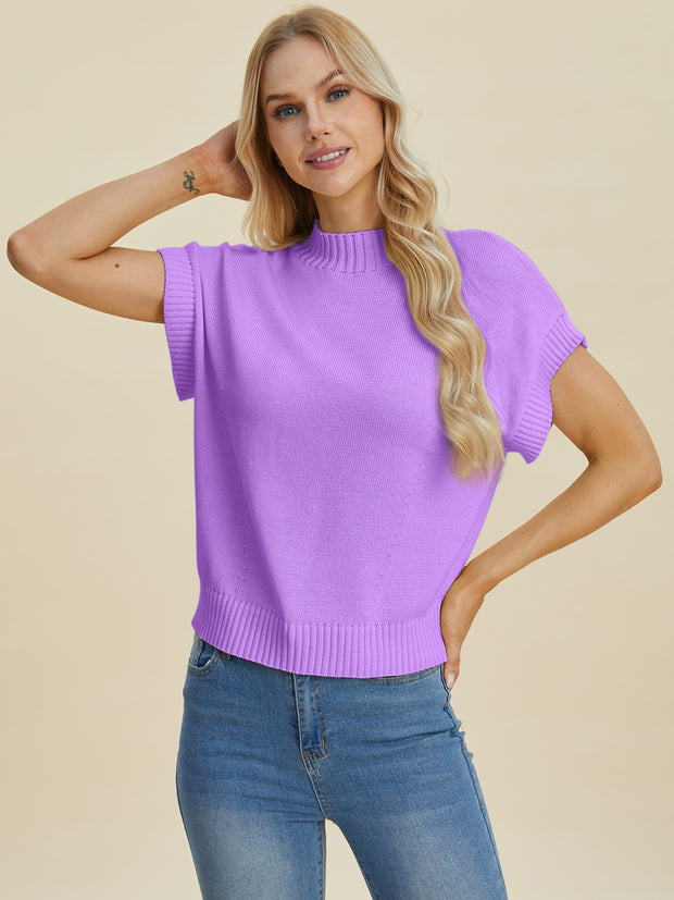 Double Take Full Size Mock Neck Short Sleeve Sweater - Fashionmj