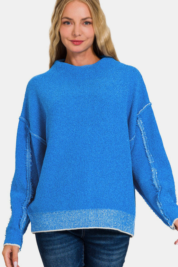 Zenana Exposed Seam Mock Neck Long Sleeve Sweater - Fashionmj