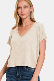 Zenana V-Neck Short Sleeve Crop T-Shirt - Fashionmj