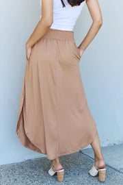 Doublju Comfort Princess Full Size High Waist Scoop Hem Maxi Skirt in Tan - Fashionmj