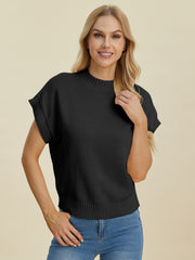 Double Take Full Size Mock Neck Short Sleeve Sweater - Fashionmj