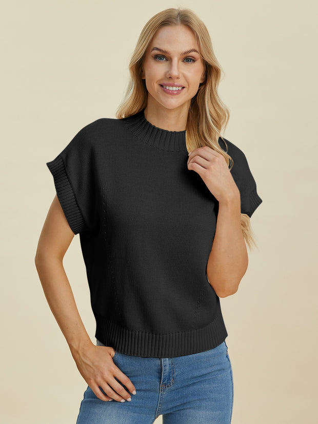 Double Take Full Size Mock Neck Short Sleeve Sweater - Fashionmj