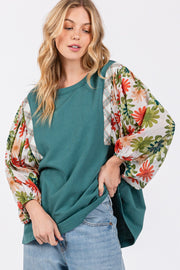 SAGE + FIG Full Size Printed Balloon Sleeve Contrast Top - Fashionmj