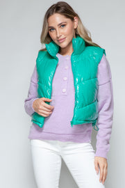 Snobbish Zip Up Turtleneck Shiny Quilted Vest - Fashionmj