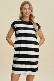 Basic Bae Full Size Striped Round Neck Cap Sleeve Mini Dress - Fashionmj