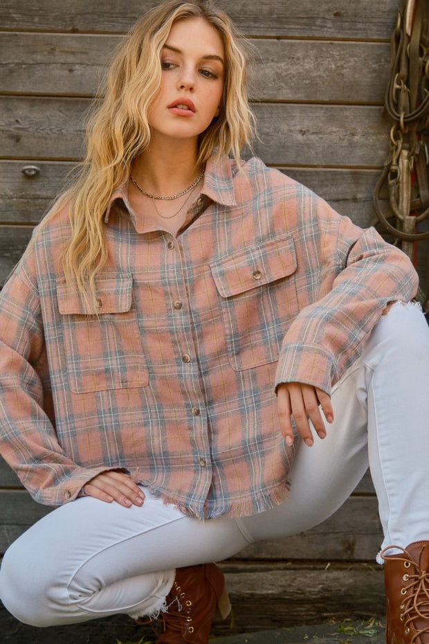 And The Why Full Size Plaid Button Up Raw Hem Shirt - Fashionmj