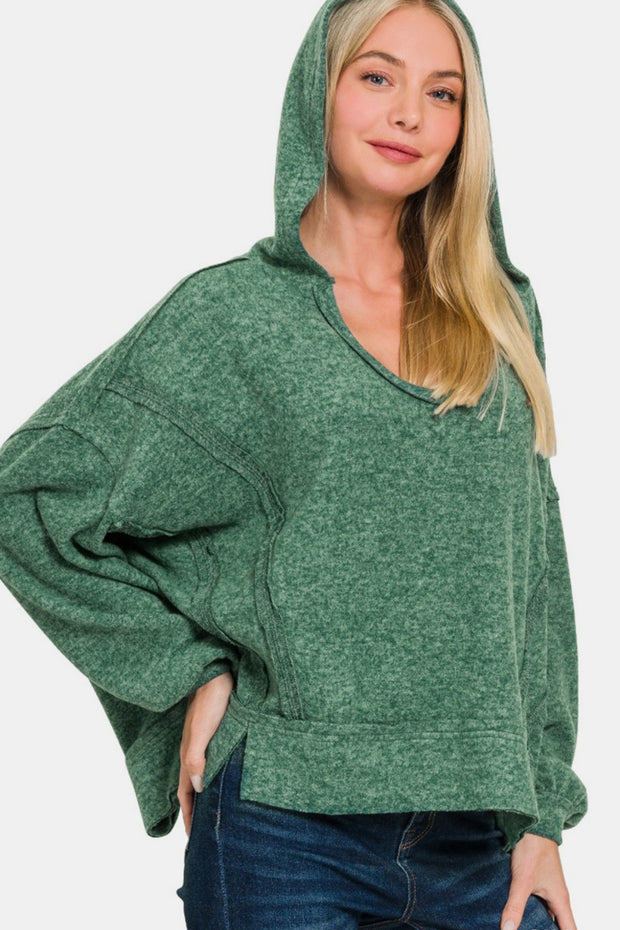 Zenana Brushed Hacci Exposed Seam Hoodie - Fashionmj