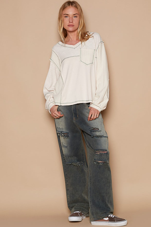 POL V-Neck knit Panel Exposed Seam Top - Fashionmj