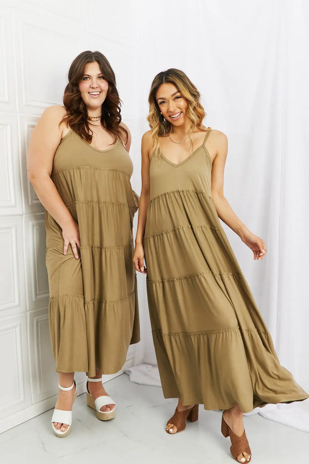 Zenana Full Size Spaghetti Strap Tiered Dress with Pockets in Khaki - Fashionmj