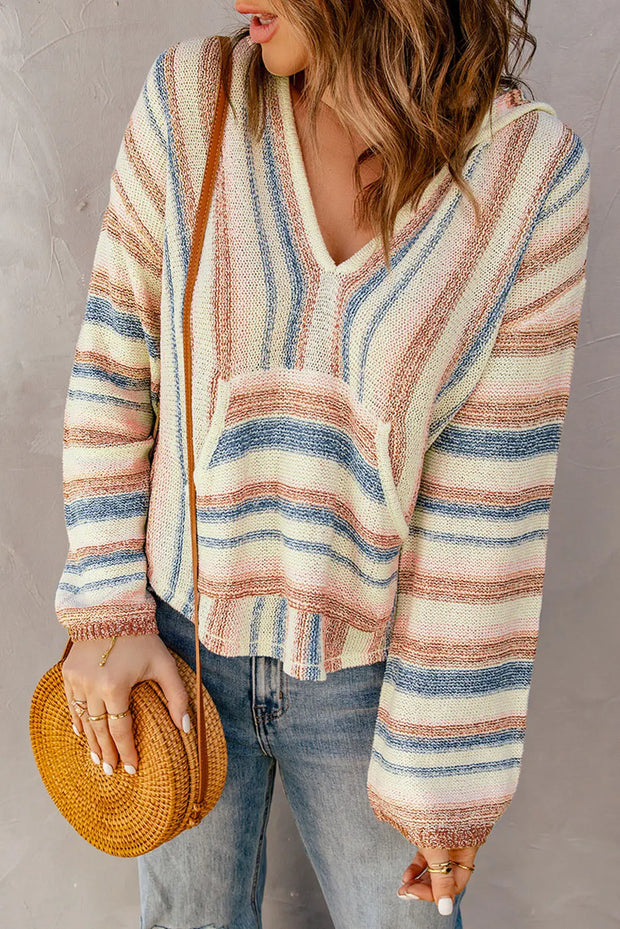 Striped Hooded Sweater with Kangaroo Pocket - Fashionmj