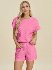 Double Take Full Size Texture T-Shirt and Shorts Set - Fashionmj